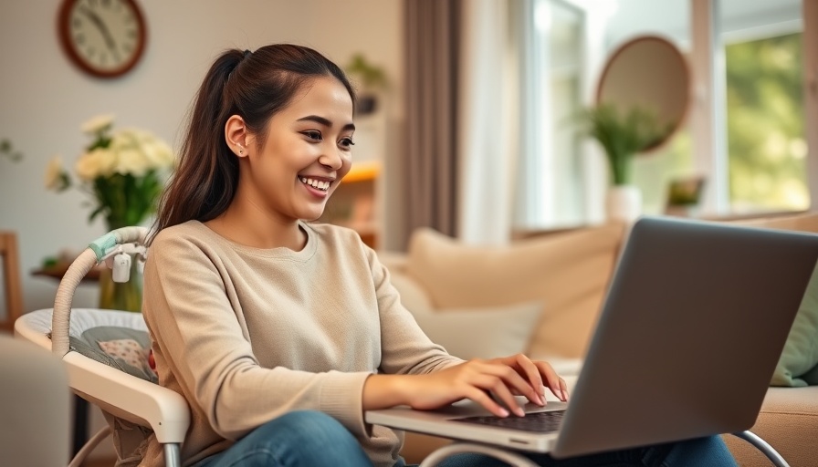 Woman earning extra money while child naps, multitasking at home.