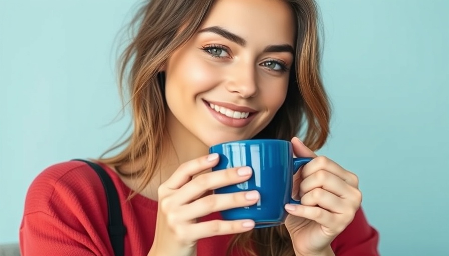 Woman in green shirt holding blue mug, minimal indoor scene
