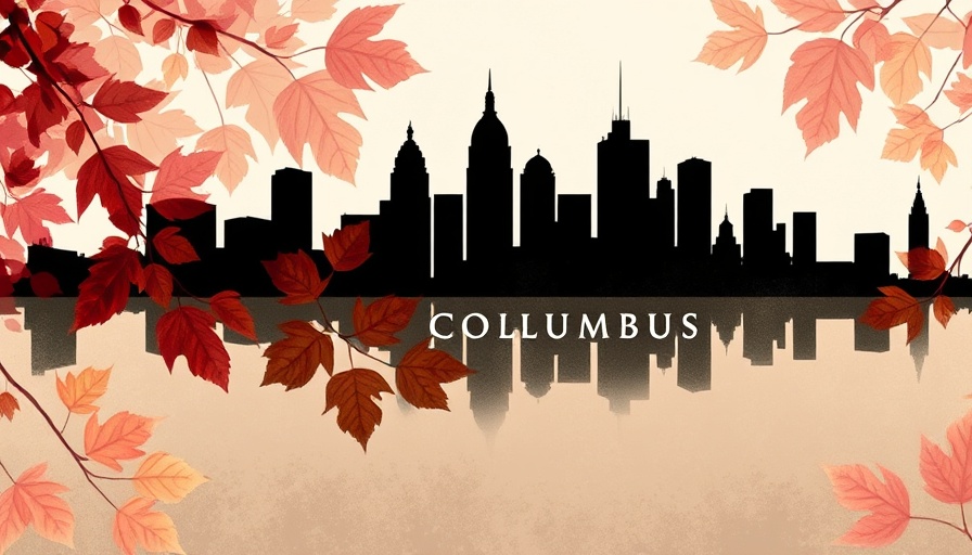 Stylized Columbus Ohio skyline with autumn leaves overlay.