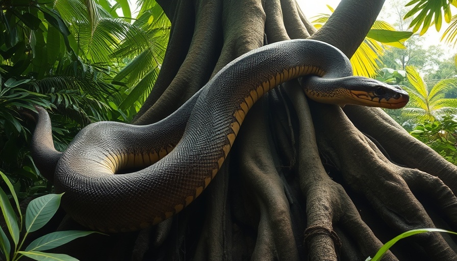 Majestic python on tree roots in lush jungle, highlighting natural beauty.