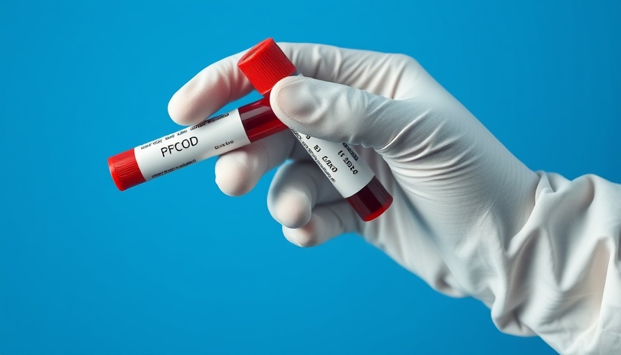 Close-up of a gloved hand holding a blood sample tube, genetic risk score breast cancer.