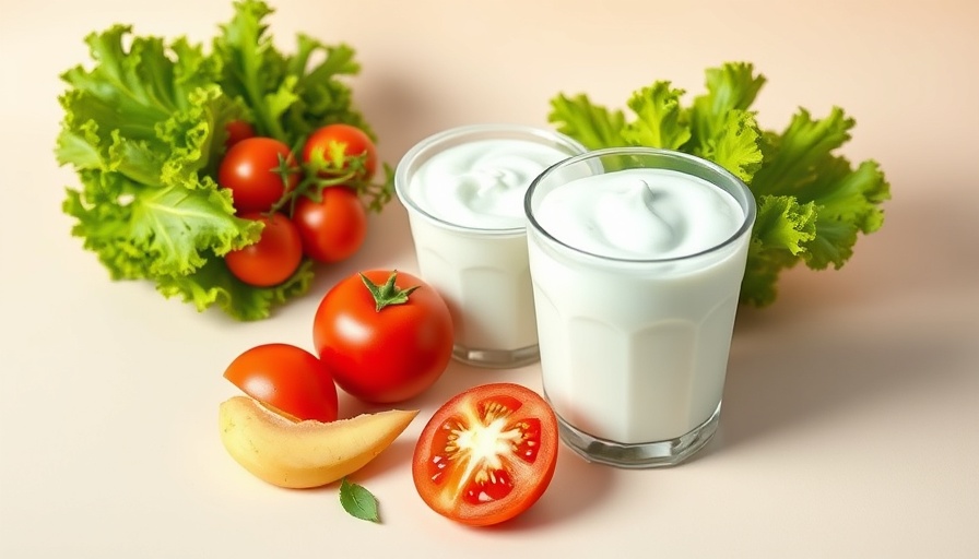 Healthy foods for skin relief: yogurt, tomato, lettuce.