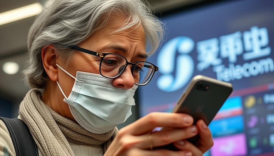 South Korea Cybersecurity Breaches: Woman checks phone in front of SK Telecom screen.