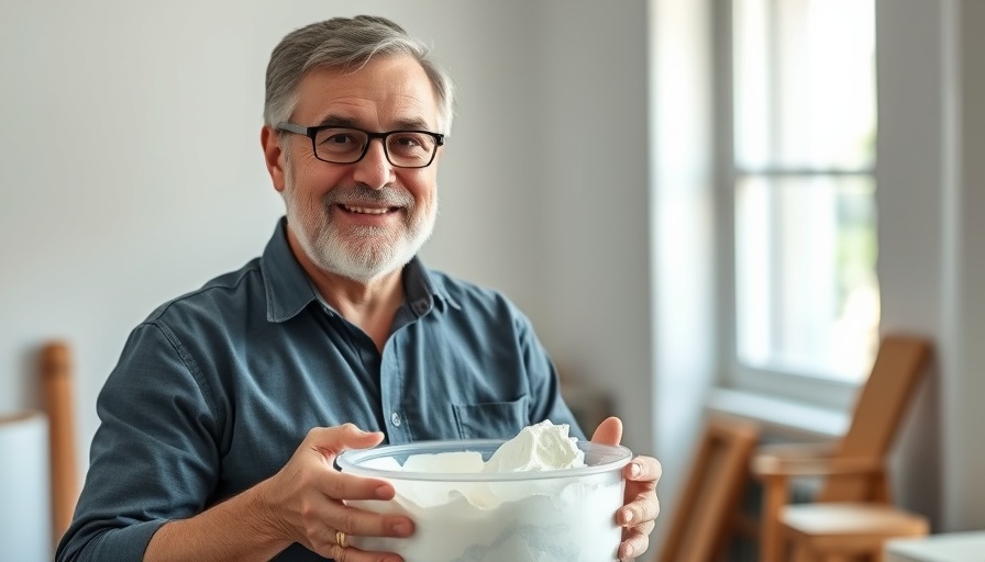 Middle-aged man demonstrating plaster technique indoors.