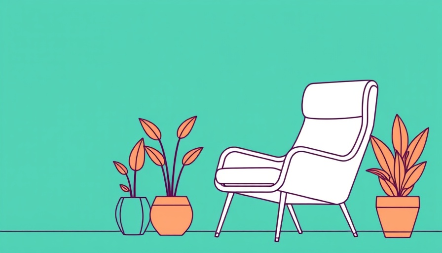 Minimalistic line art interior design with chair and plants, teal background