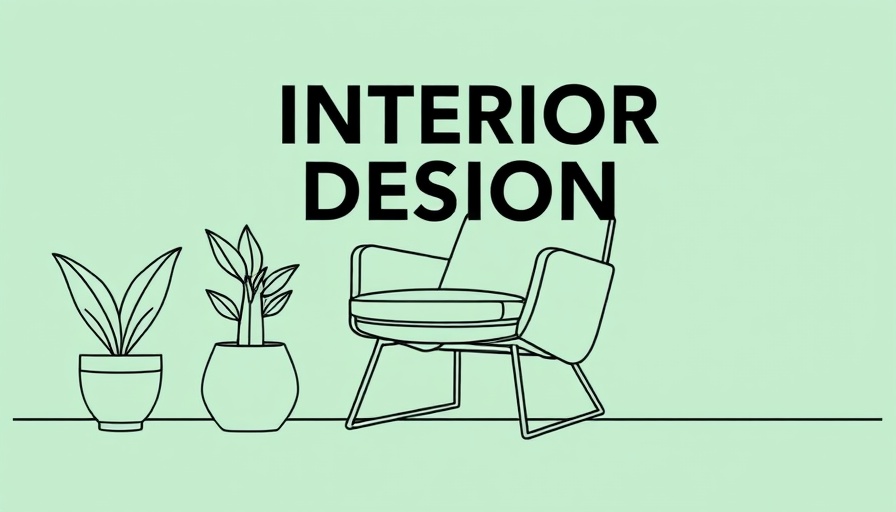 Modern furniture line art with plants and 'INTERIOR DESIGN' text.