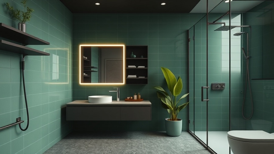 Modern bathroom with green tiles reflecting kitchen and bath trends.