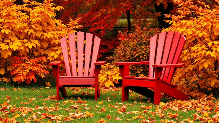 Red chairs in an autumn garden, leaves on ground.