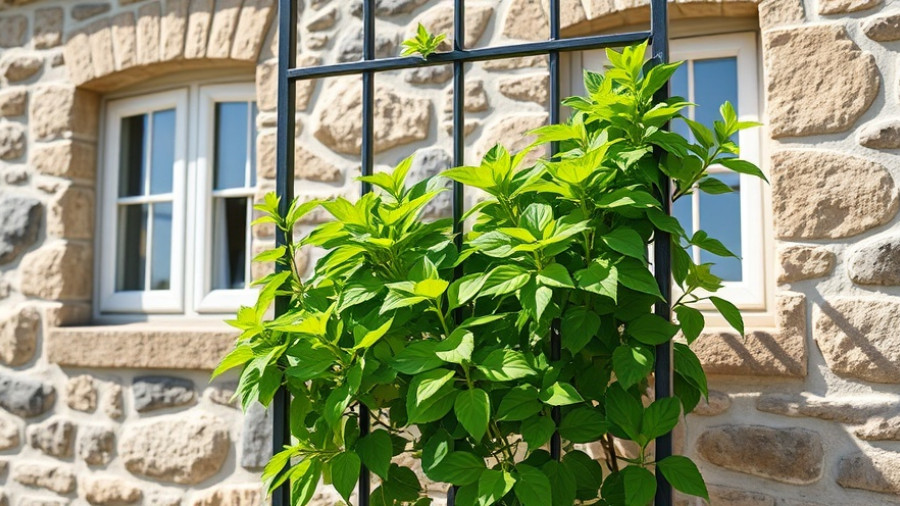 Green-leafed plant on a trellis against a stone wall, illustrating outdoor living.