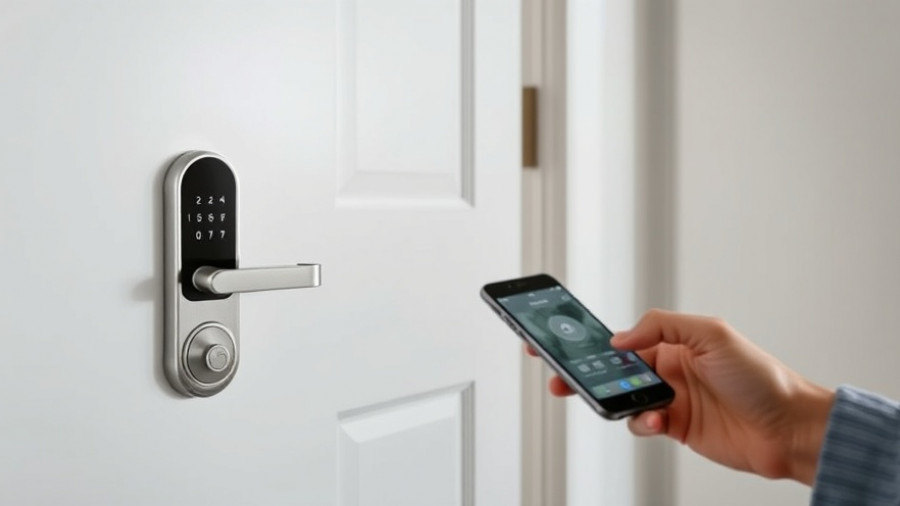 Smart lock on door controlled by smartphone, modern security.