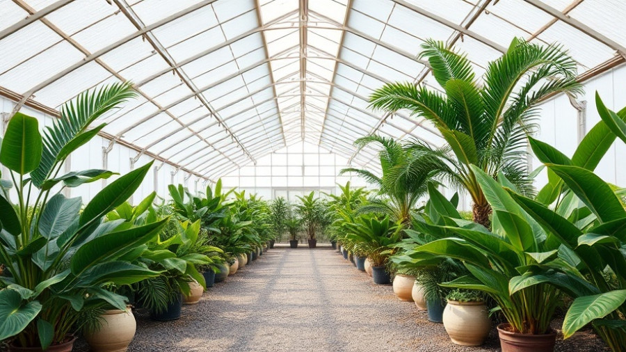 Greenhouse interior with potted tropical plants, natural ambiance