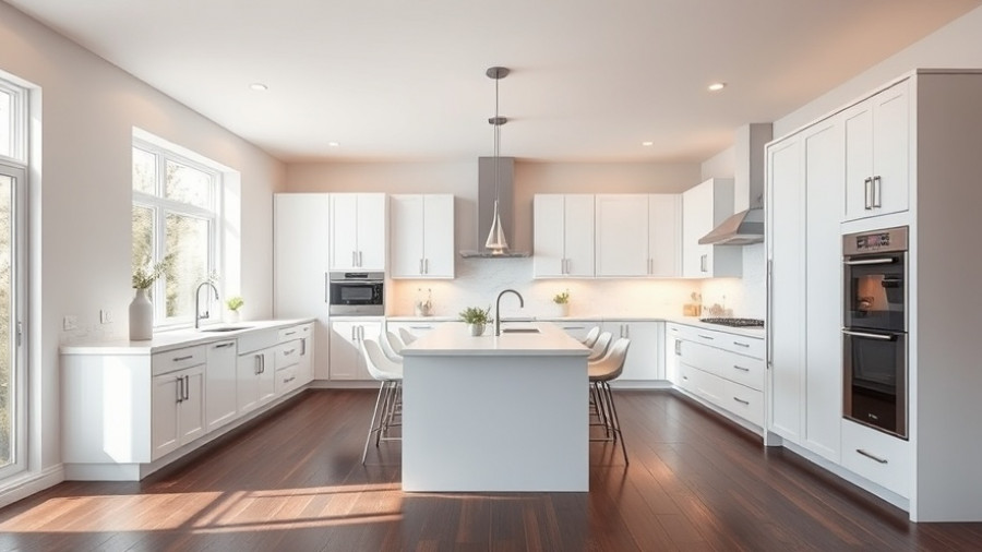Modern kitchen with dark wood flooring and bright lighting