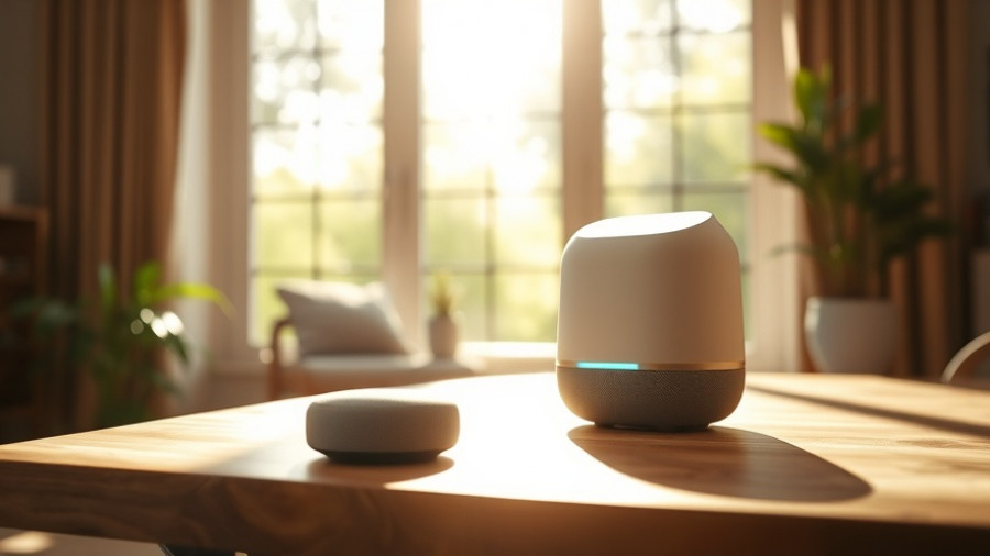 Beige smart home device on table, bright daylight, window view.