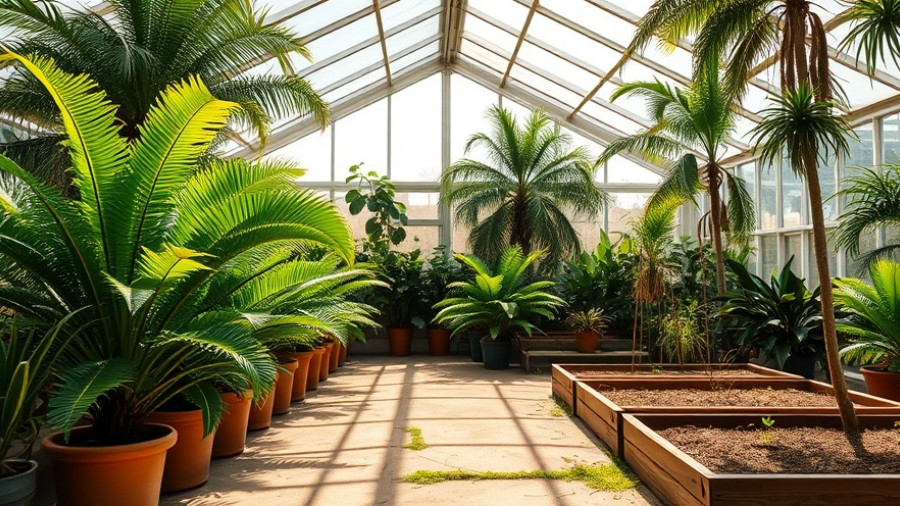 Spacious greenhouse in Tampa for gardening with ferns and raised beds.