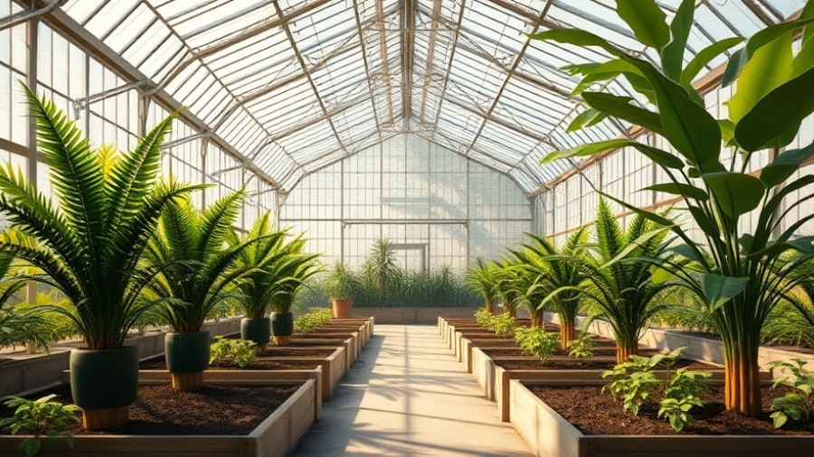 Sunlit greenhouse with potted ferns and raised garden beds for vegetable gardening.
