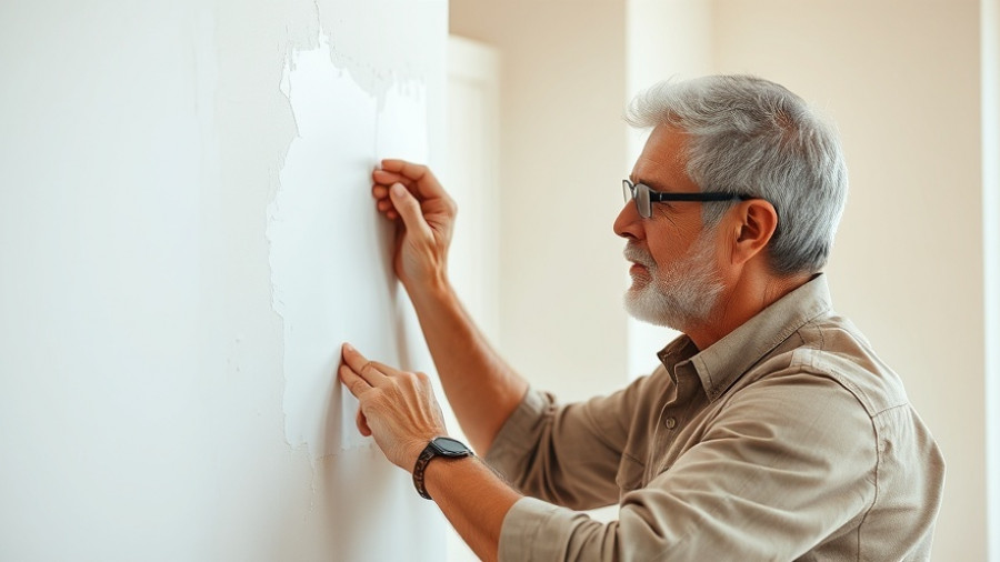Man doing DIY home repairs, applying plaster to wall.
