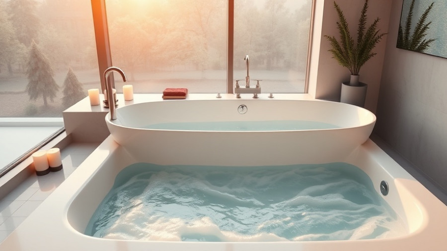Modern jacuzzi bathtub with candles and decor by window.