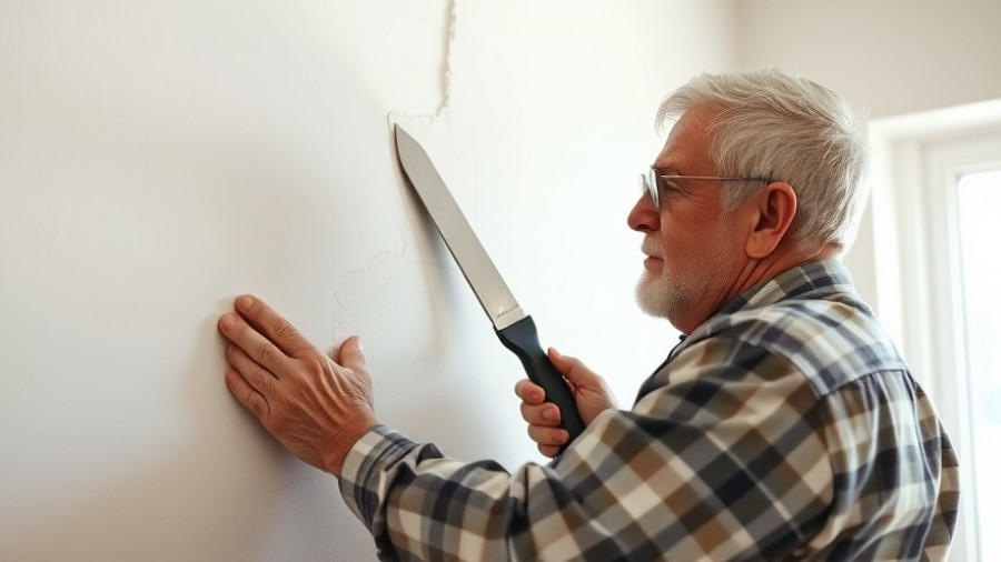 Older man repairing drywall corner using a putty knife indoors.