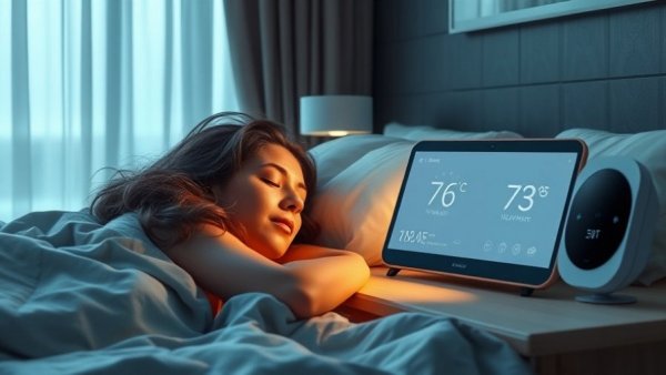 Smart home devices like hub and weather monitor in a bedroom scene.