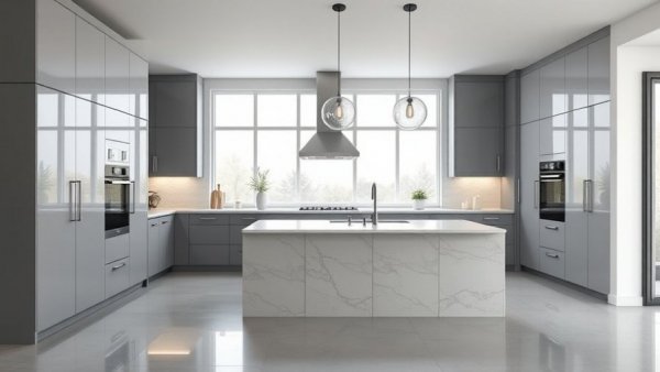 Modern kitchen renovation with gray cabinets and marble island, bright and elegant.
