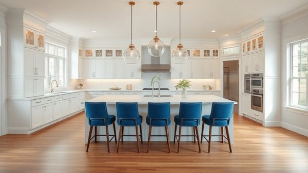 Modern kitchen remodel with white cabinets and island, blue chairs