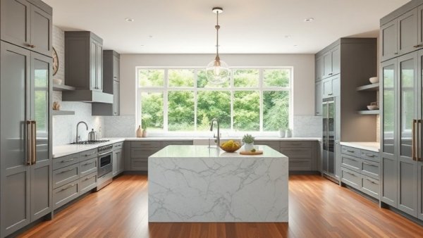 Modern kitchen remodel with gray cabinets and marble countertops.