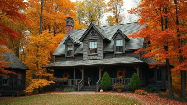 Charming rustic New England colonial house with autumn foliage.