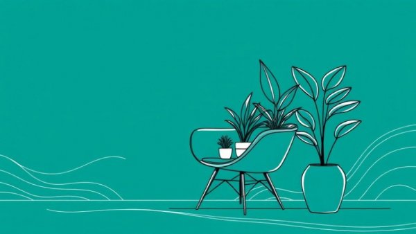 Invisible flow in interior design line art with chair and plants.