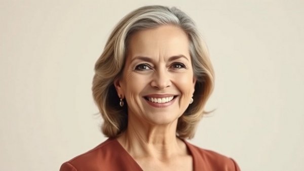 Elegant woman posing confidently with a warm smile in a photorealistic portrait.