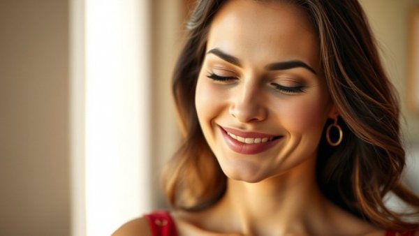 Elegant woman smiling indoors with soft natural lighting.