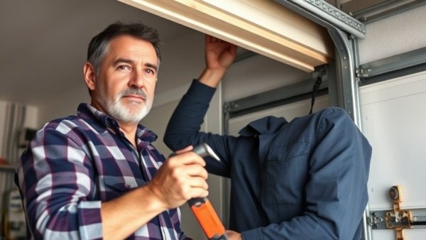 Middle-aged man demonstrates DIY garage door replacement, home improvement.