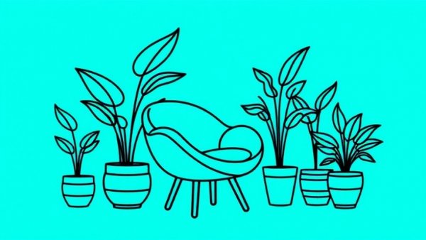 Minimalist line art of chair and plants, turquoise background, interior design.