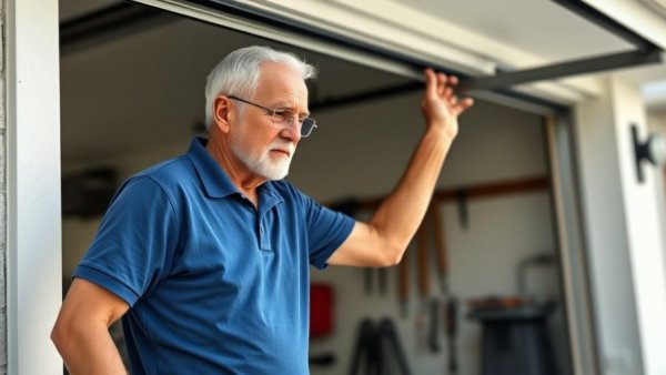 DIY remodel of garage door by older man in Tampa sunshine.