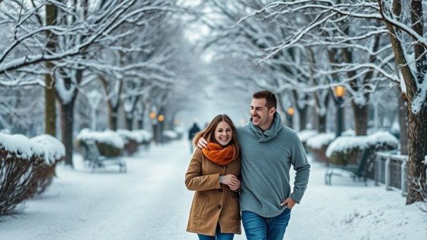 Happy couple enjoying a snowy day in the park, 100 Day Dream Home.