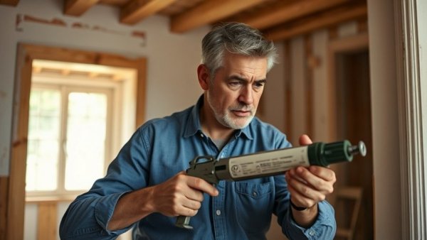 Middle-aged man using caulking gun for DIY home improvement project.