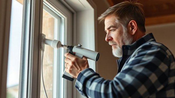 Man applying spray foam insulation in Tampa window frame.