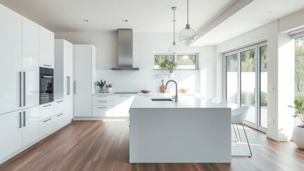 Bright modern kitchen remodel with white cabinets and island.