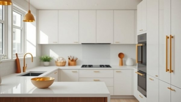 Bright modern kitchen with 2026 trends, woman smiles.