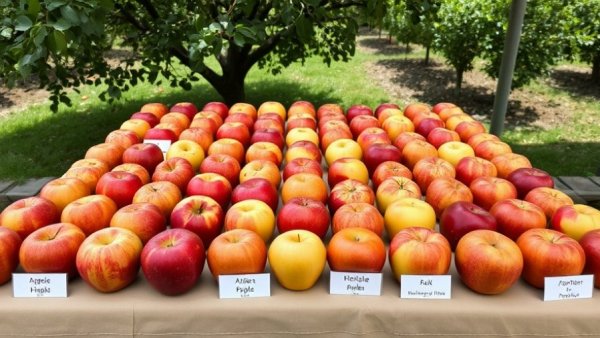 Display of heritage apples with labels in an outdoor setting.