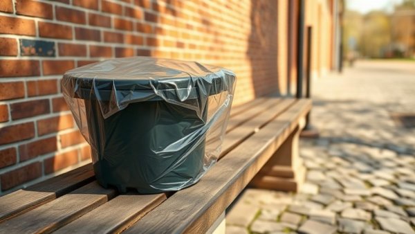 Planter covered with plastic on cobblestone path