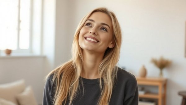 Casual blonde woman smiling indoors for 100 Day Dream Home.