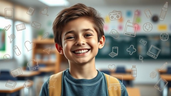 Cheerful student in a classroom with school background doodles.