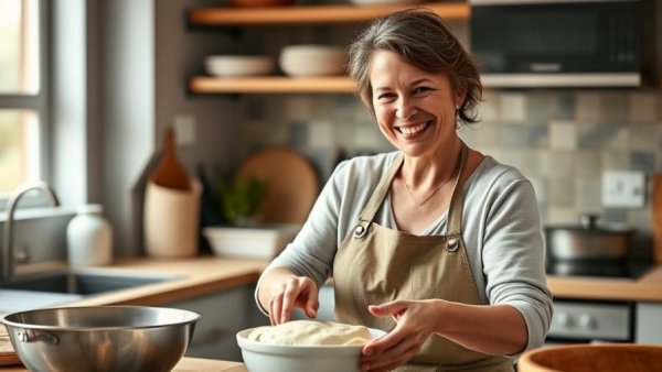 Smiling woman preparing pie dough, Thanksgiving Pie Recipes in a cozy kitchen.