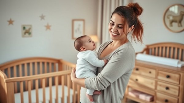 Young woman designing a baby's room, holding baby, stylish nursery.