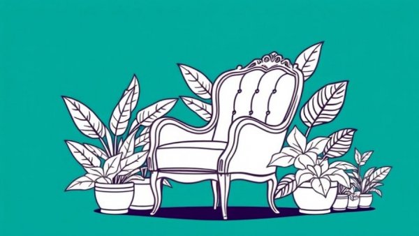 Minimalistic interior design line art with chair and plants.