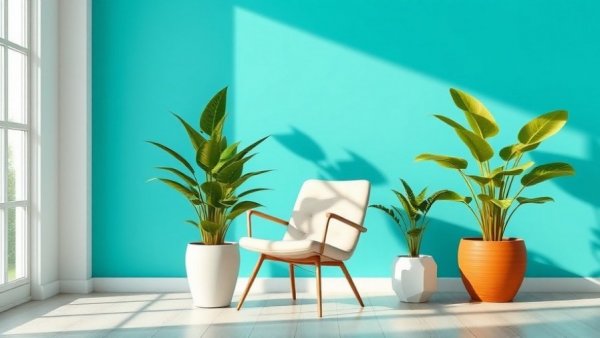 Symmetry in interior design with chair and plants on turquoise.