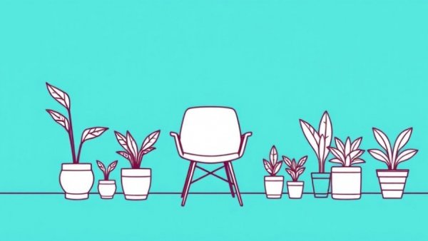 Minimalist line art of chair and plants on turquoise backdrop.