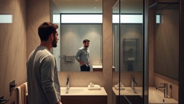 Modern bathroom with two men discussing, featuring sleek design.
