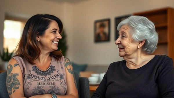 Two women talking in a casual setting.
