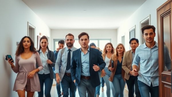 Group of people entering a modern room with surprised expressions.